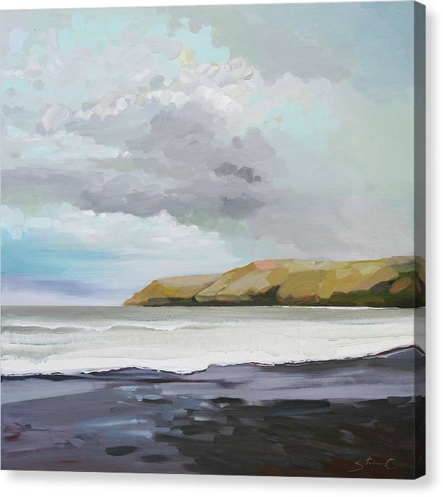 Black Sand Beach Under A Cloudy Sky - Canvas Print