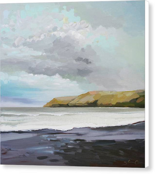 Black Sand Beach Under A Cloudy Sky - Canvas Print