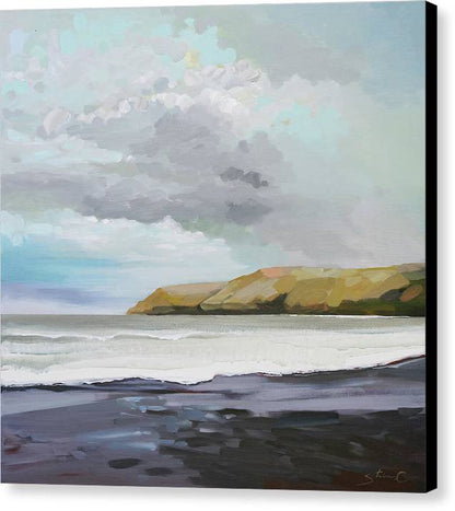 Black Sand Beach Under A Cloudy Sky - Canvas Print