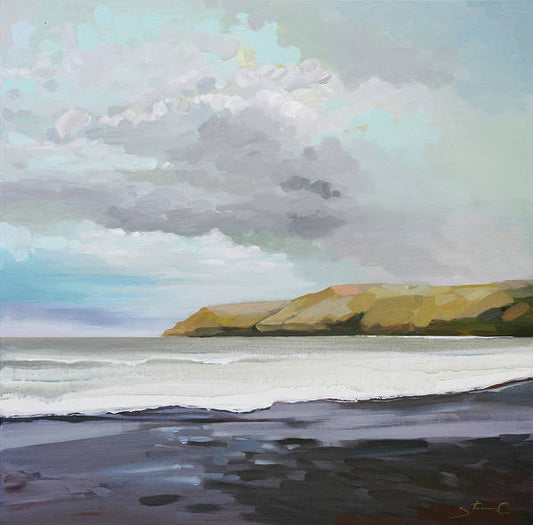 Black Sand Beach Under A Cloudy Sky - Art Print